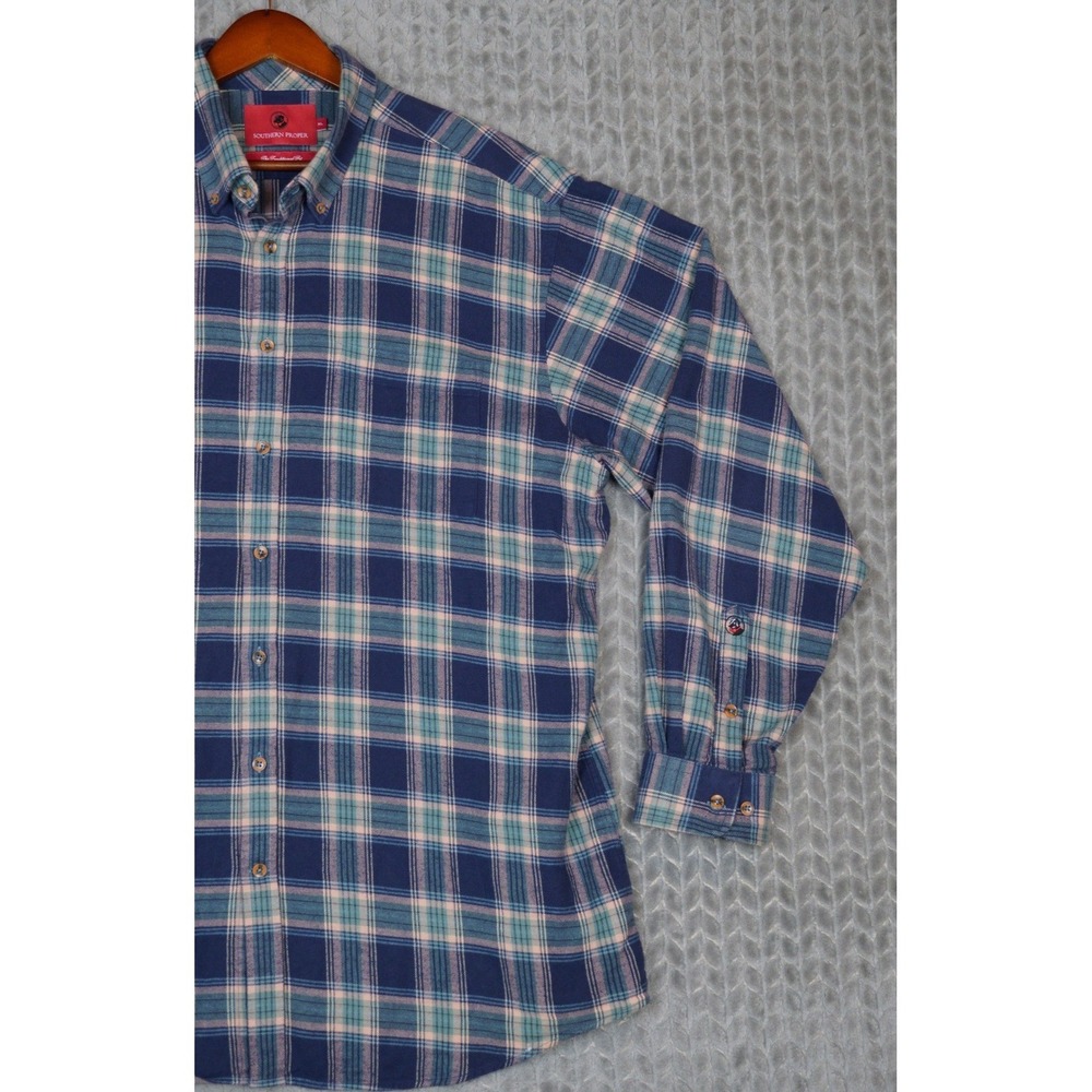 Southern Proper Mens XL‎ Flannel Shirt Navy Blue Plaid Traditional Fit Cotton
